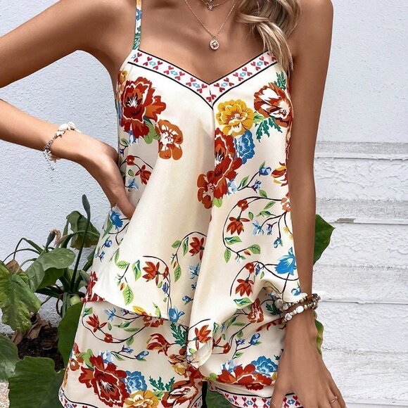 Multicolor Boho Womens Floral Print Cami Top & Shorts - Picture 3 of 5